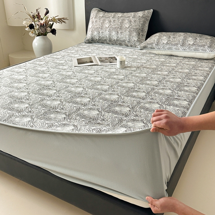 91家纺网 家纺一手货源 找家纺 鑫钰 2025新款A类进口PE高冷感凉席高端聚乙烯凉豆豆高克重480克冰丝凉席床笠三件套 冰肌-墨灰