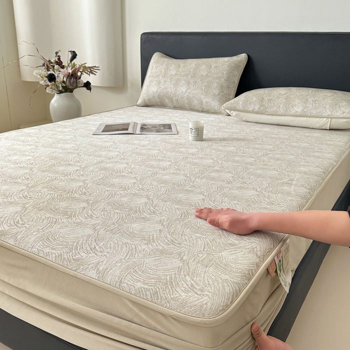 91家纺网 家纺一手货源 找家纺 鑫钰 2025新款A类进口PE高冷感凉席高端聚乙烯凉豆豆高克重480克冰丝凉席床笠三件套 冰肌-奶咖