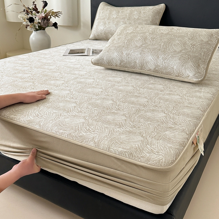 91家纺网 家纺一手货源 找家纺 鑫钰 2025新款A类进口PE高冷感凉席高端聚乙烯凉豆豆高克重480克冰丝凉席床笠三件套 冰肌-奶咖