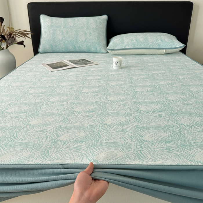 91家纺网 家纺一手货源 找家纺 鑫钰 2025新款A类进口PE高冷感凉席高端聚乙烯凉豆豆高克重480克冰丝凉席床笠三件套 冰肌-水绿