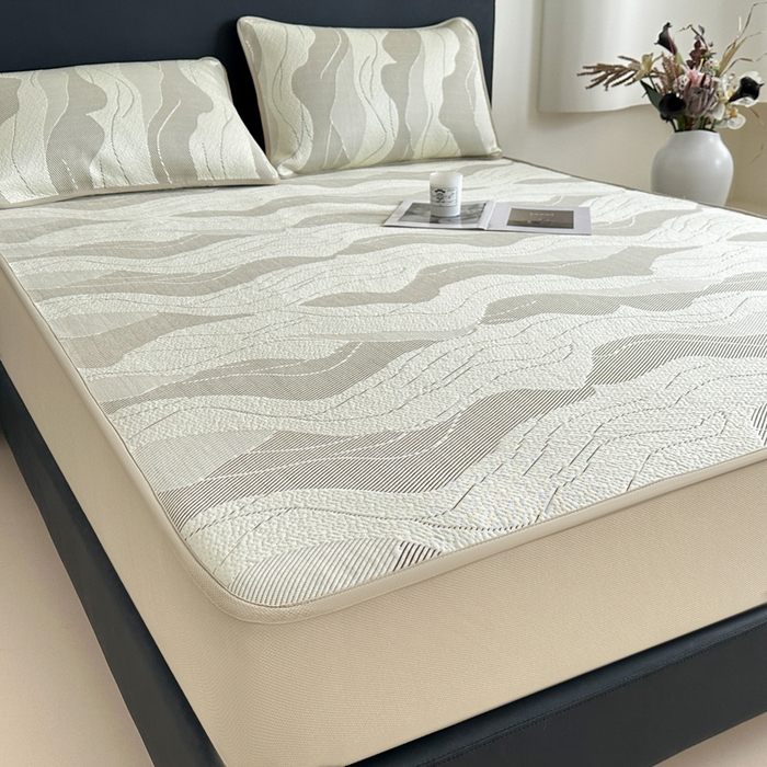 91家纺网 家纺一手货源 找家纺 鑫钰 2025新款A类进口PE高冷感凉席高端聚乙烯凉豆豆高克重480克冰丝凉席床笠三件套 沁夏-奶咖