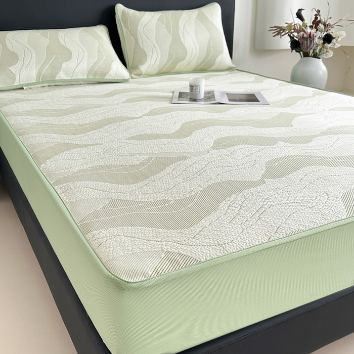 91家纺网 家纺一手货源 找家纺 鑫钰 2025新款A类进口PE高冷感凉席高端聚乙烯凉豆豆高克重480克冰丝凉席床笠三件套 沁夏-青柠绿