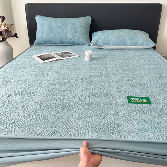 91家纺网 家纺一手货源 找家纺 鑫钰 2025新款A类进口PE高冷感凉席高端聚乙烯凉豆豆高克重480克冰丝凉席床笠三件套 云锦-冰川蓝