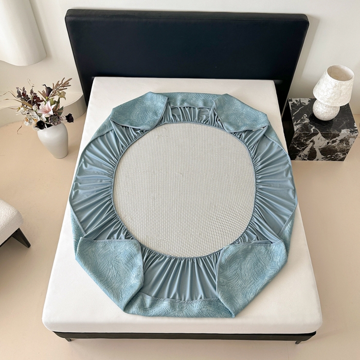 91家纺网 家纺一手货源 找家纺 鑫钰 2025新款A类进口PE高冷感凉席高端聚乙烯凉豆豆高克重480克冰丝凉席床笠三件套 云锦-冰川蓝