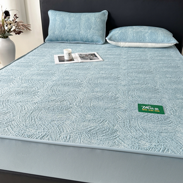91家纺网 家纺一手货源 找家纺 鑫钰 2025新款A类进口PE高冷感凉席高端聚乙烯凉豆豆高克重480克冰丝凉席床笠三件套 云锦-冰川蓝
