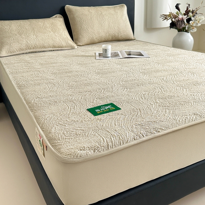 91家纺网 家纺一手货源 找家纺 鑫钰 2025新款A类进口PE高冷感凉席高端聚乙烯凉豆豆高克重480克冰丝凉席床笠三件套 云锦-奶咖