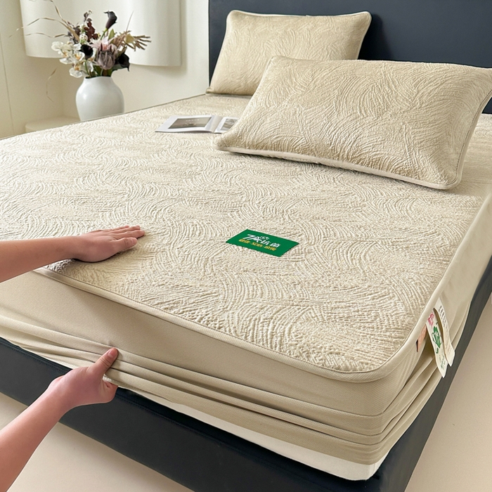 91家纺网 家纺一手货源 找家纺 鑫钰 2025新款A类进口PE高冷感凉席高端聚乙烯凉豆豆高克重480克冰丝凉席床笠三件套 云锦-奶咖