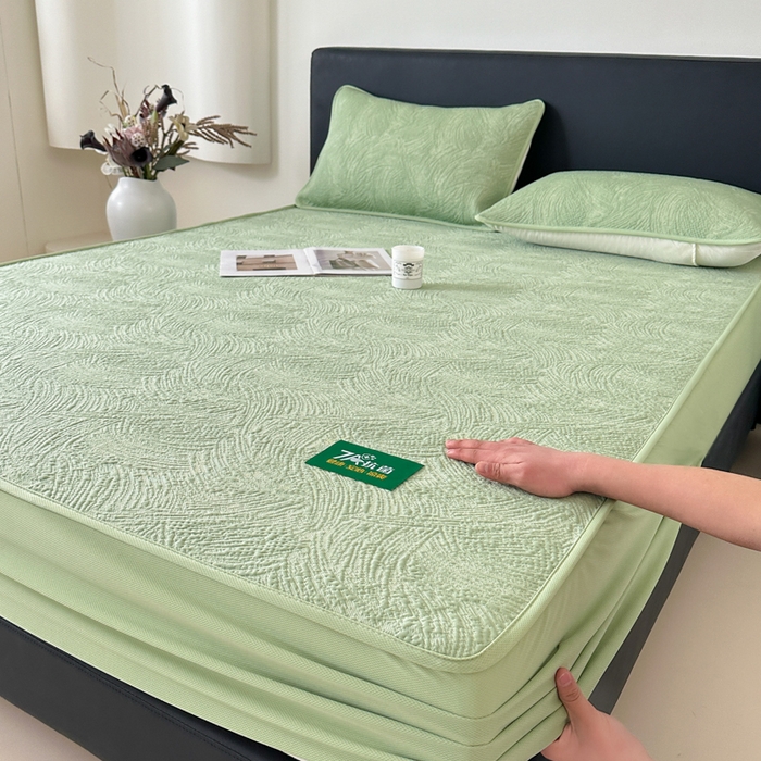 91家纺网 家纺一手货源 找家纺 鑫钰 2025新款A类进口PE高冷感凉席高端聚乙烯凉豆豆高克重480克冰丝凉席床笠三件套 云锦-水绿