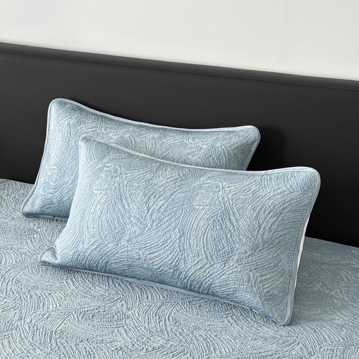 91家纺网 家纺一手货源 找家纺 鑫钰 2025新款A类进口PE高冷感凉席高端聚乙烯凉豆豆高克重480克冰丝凉席床席三件套 云锦-冰川蓝