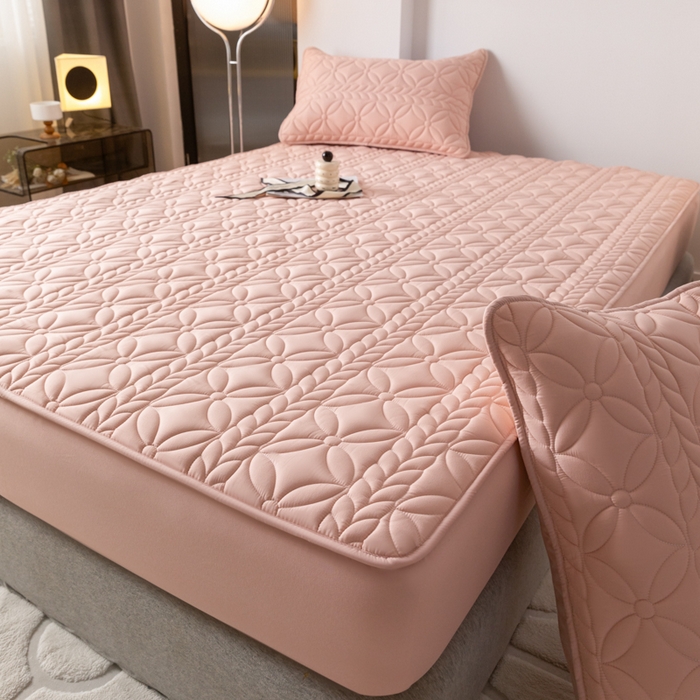 91家纺网 家纺一手货源 找家纺 鑫钰 2025新款防水夹棉防水床笠-花穗 花穗-豆沙粉