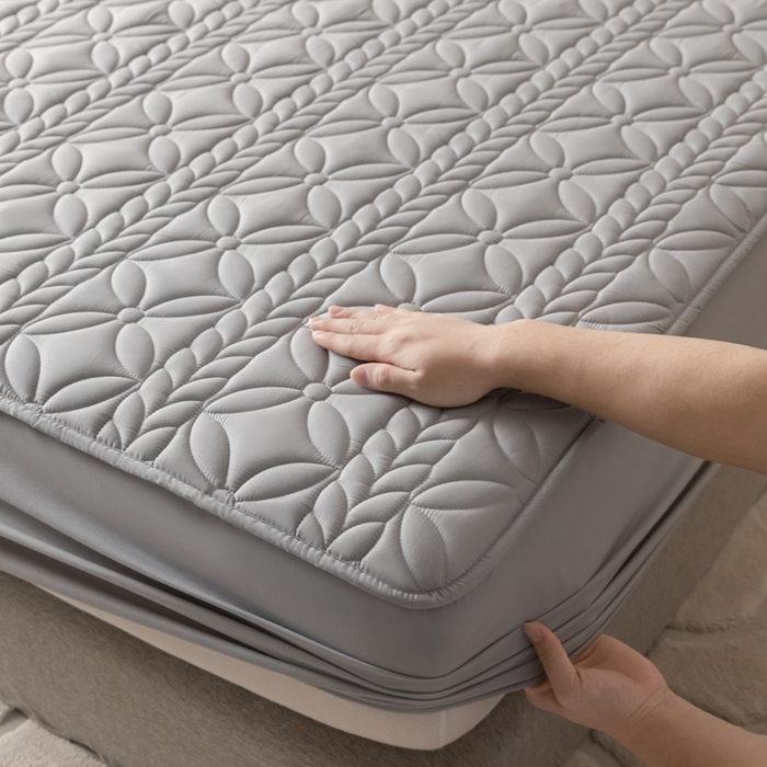 91家纺网 家纺一手货源 找家纺 鑫钰 2025新款防水夹棉防水床笠-花穗 花穗-低调灰