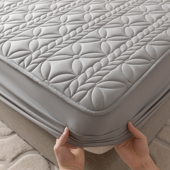 91家纺网 家纺一手货源 找家纺 鑫钰 2025新款防水夹棉防水床笠-花穗 花穗-低调灰