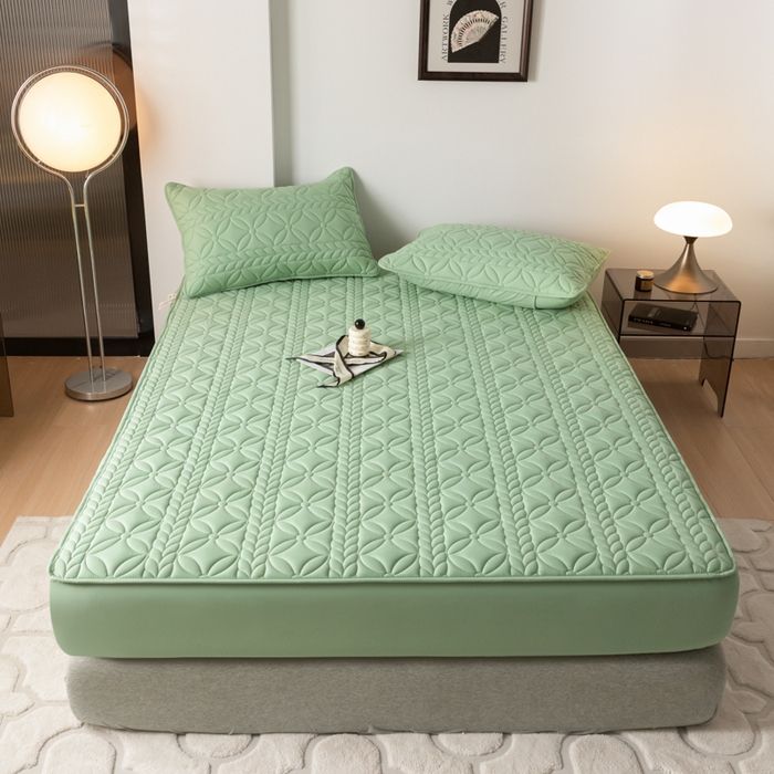 91家纺网 家纺一手货源 找家纺 鑫钰 2025新款防水夹棉防水床笠-花穗 花穗-时尚绿