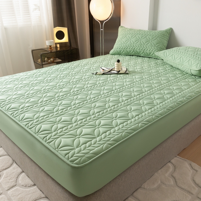 91家纺网 家纺一手货源 找家纺 鑫钰 2025新款防水夹棉防水床笠-花穗 花穗-时尚绿