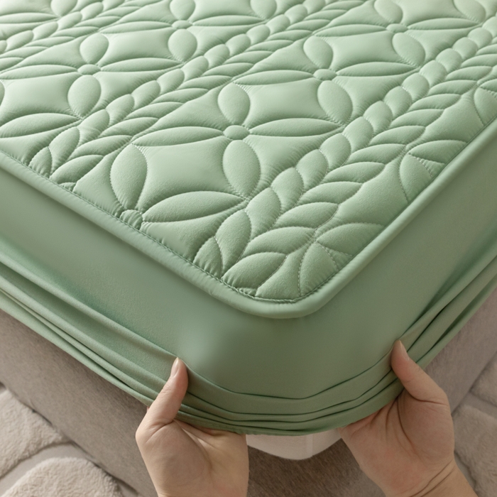 91家纺网 家纺一手货源 找家纺 鑫钰 2025新款防水夹棉防水床笠-花穗 花穗-时尚绿