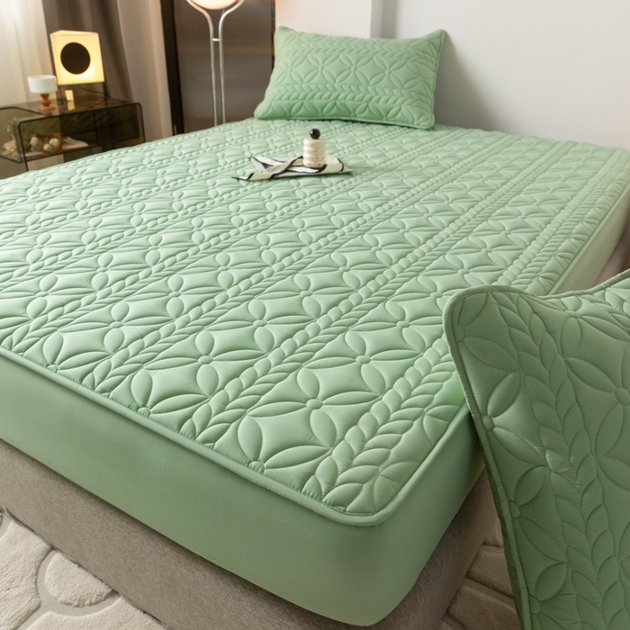 91家纺网 家纺一手货源 找家纺 鑫钰 2025新款防水夹棉防水床笠-花穗 花穗-时尚绿