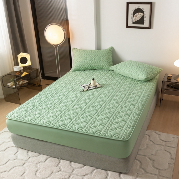 91家纺网 家纺一手货源 找家纺 鑫钰 2025新款防水夹棉防水床笠-花穗 花穗-时尚绿