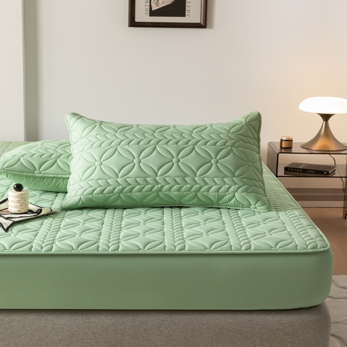 91家纺网 家纺一手货源 找家纺 鑫钰 2025新款防水夹棉防水床笠-花穗 花穗-时尚绿