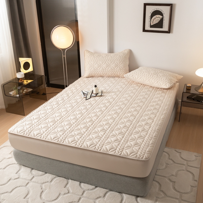 91家纺网 家纺一手货源 找家纺 鑫钰 2025新款防水夹棉防水床笠-花穗 花穗-香槟驼