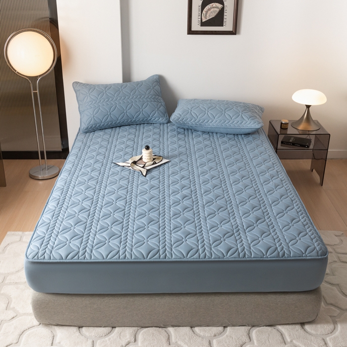 91家纺网 家纺一手货源 找家纺 鑫钰 2025新款防水夹棉防水床笠-花穗 花穗-优雅蓝