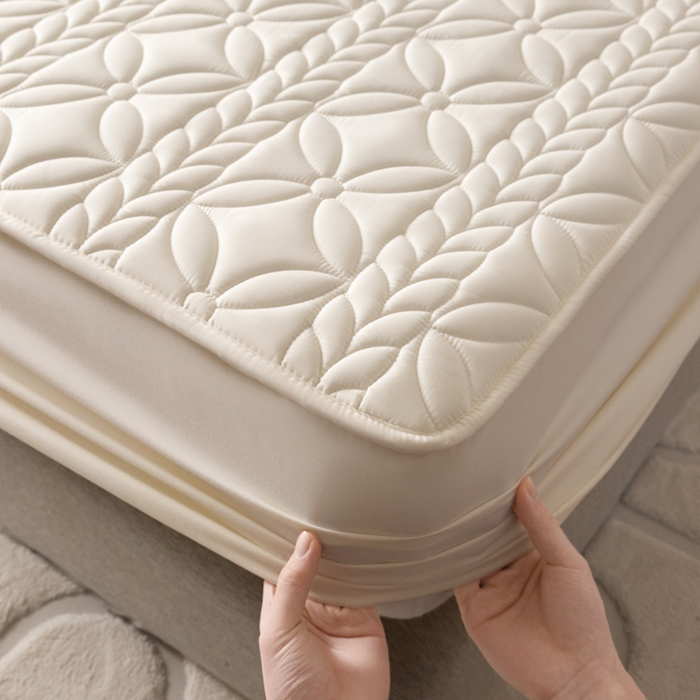 91家纺网 家纺一手货源 找家纺 鑫钰 2025新款防水夹棉防水床笠-花穗 花穗-月光白