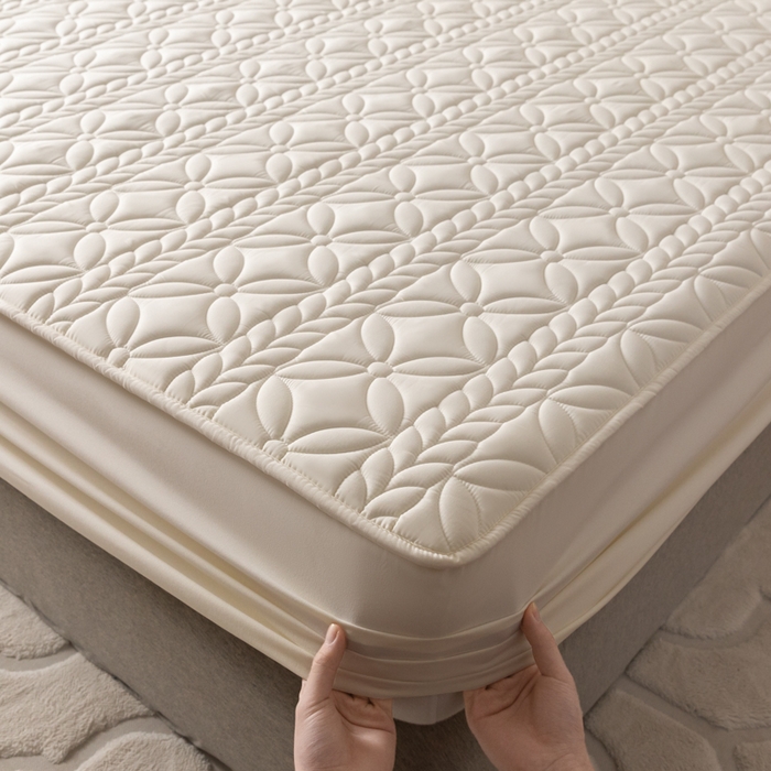 91家纺网 家纺一手货源 找家纺 鑫钰 2025新款防水夹棉防水床笠-花穗 花穗-月光白