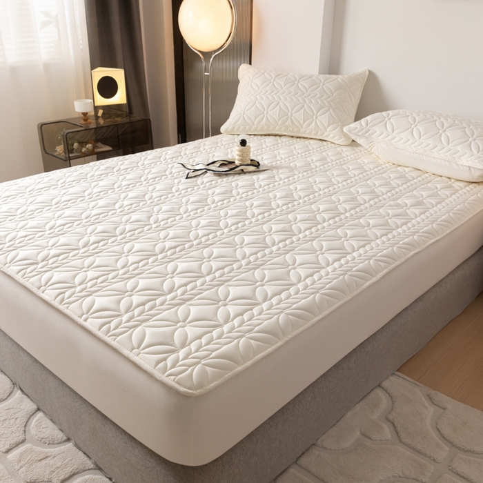 91家纺网 家纺一手货源 找家纺 鑫钰 2025新款防水夹棉防水床笠-花穗 花穗-月光白