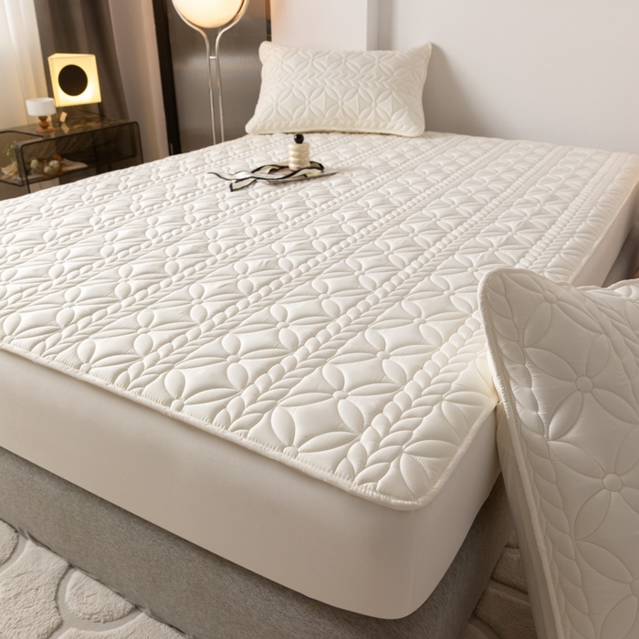 91家纺网 家纺一手货源 找家纺 鑫钰 2025新款防水夹棉防水床笠-花穗 花穗-月光白