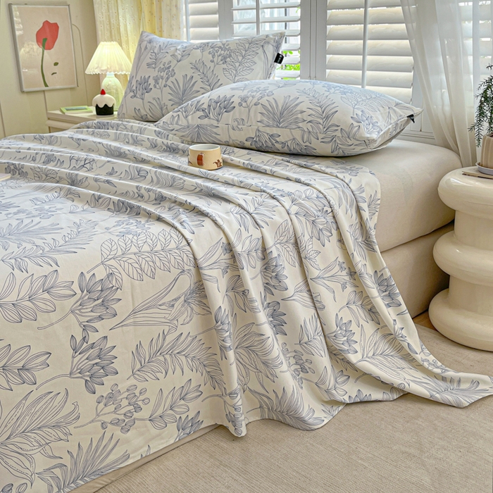 91家纺网 家纺一手货源 找家纺 鑫钰 2025新款全棉纯棉老粗布花卉系列单品床单-床笠 床单-繁花-蓝