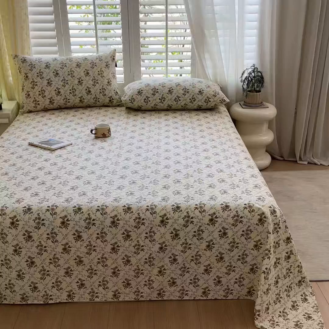 91家纺网 家纺一手货源 找家纺 鑫钰 2025新款全棉纯棉老粗布花卉系列单品床单-床笠 床单-蔷薇