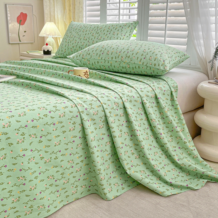 91家纺网 家纺一手货源 找家纺 鑫钰 2025新款全棉纯棉老粗布花卉系列单品床单-床笠 床单-紫荆绿