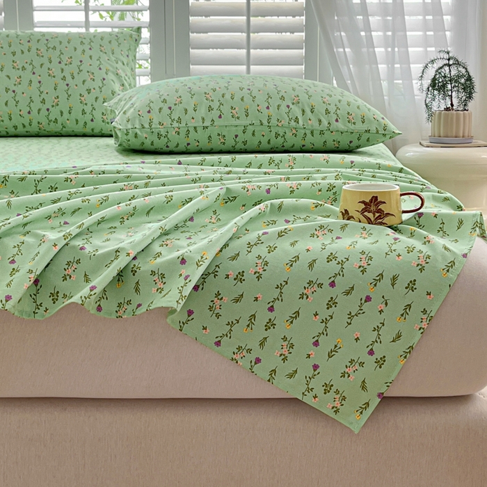 91家纺网 家纺一手货源 找家纺 鑫钰 2025新款全棉纯棉老粗布花卉系列单品床单-床笠 床单-紫荆绿