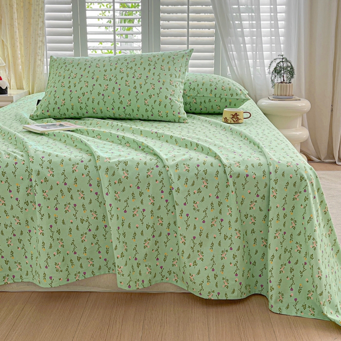 91家纺网 家纺一手货源 找家纺 鑫钰 2025新款全棉纯棉老粗布花卉系列单品床单-床笠 床单-紫荆绿