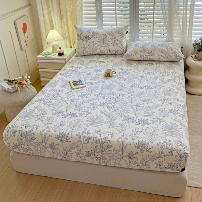 91家纺网 家纺一手货源 找家纺 鑫钰 2025新款全棉纯棉老粗布花卉系列单品床单-床笠 床笠-繁花-蓝