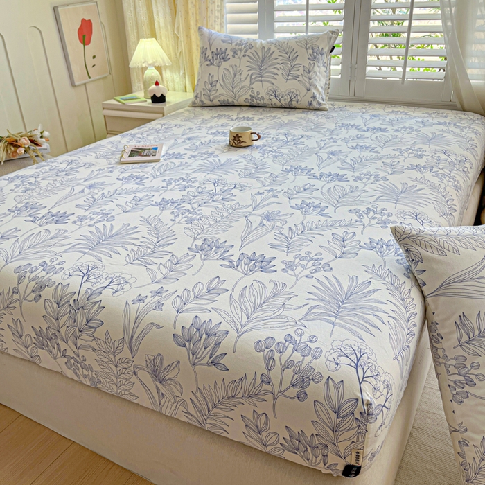 91家纺网 家纺一手货源 找家纺 鑫钰 2025新款全棉纯棉老粗布花卉系列单品床单-床笠 床笠-繁花-蓝