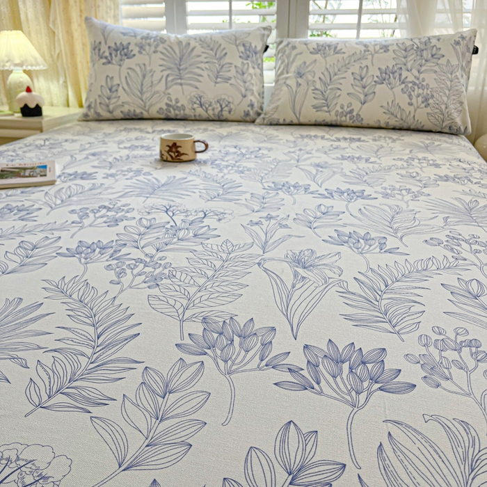 91家纺网 家纺一手货源 找家纺 鑫钰 2025新款全棉纯棉老粗布花卉系列单品床单-床笠 床笠-繁花-蓝