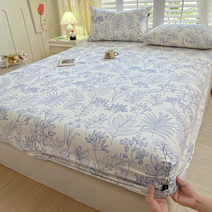 91家纺网 家纺一手货源 找家纺 鑫钰 2025新款全棉纯棉老粗布花卉系列单品床单-床笠 床笠-繁花-蓝