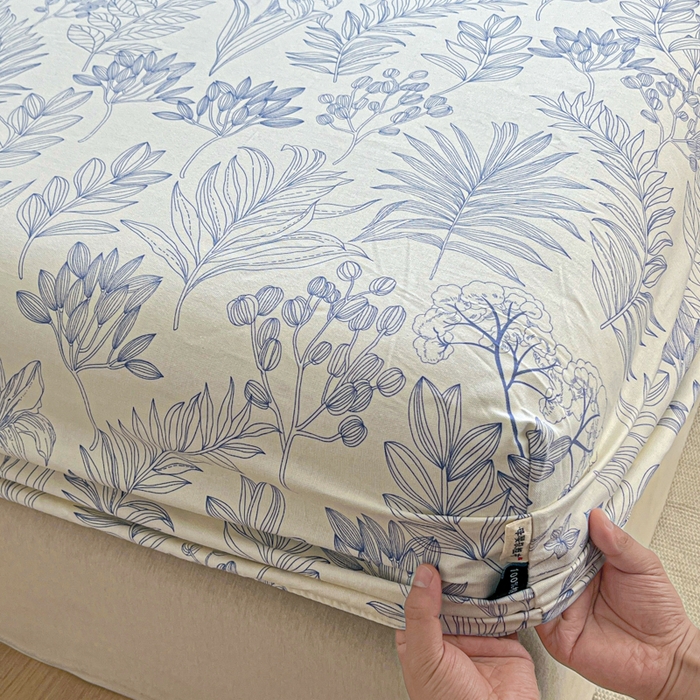 91家纺网 家纺一手货源 找家纺 鑫钰 2025新款全棉纯棉老粗布花卉系列单品床单-床笠 床笠-繁花-蓝