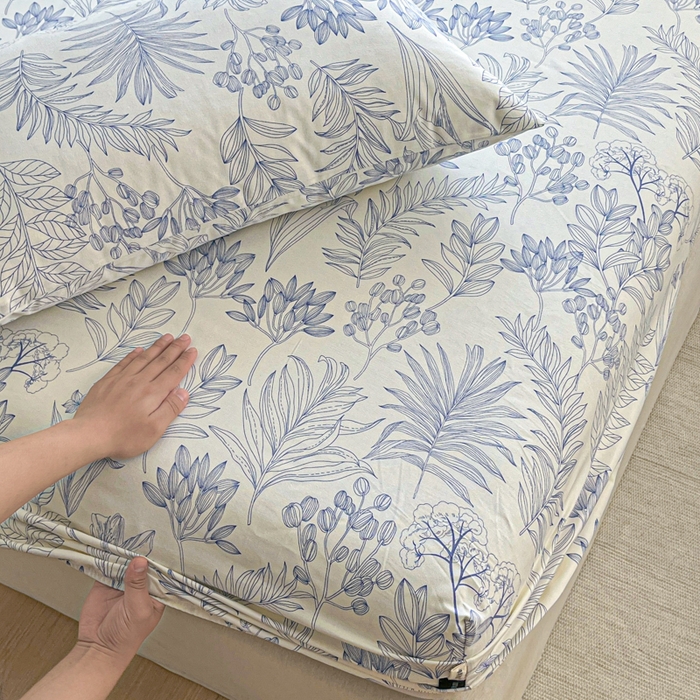 91家纺网 家纺一手货源 找家纺 鑫钰 2025新款全棉纯棉老粗布花卉系列单品床单-床笠 床笠-繁花-蓝