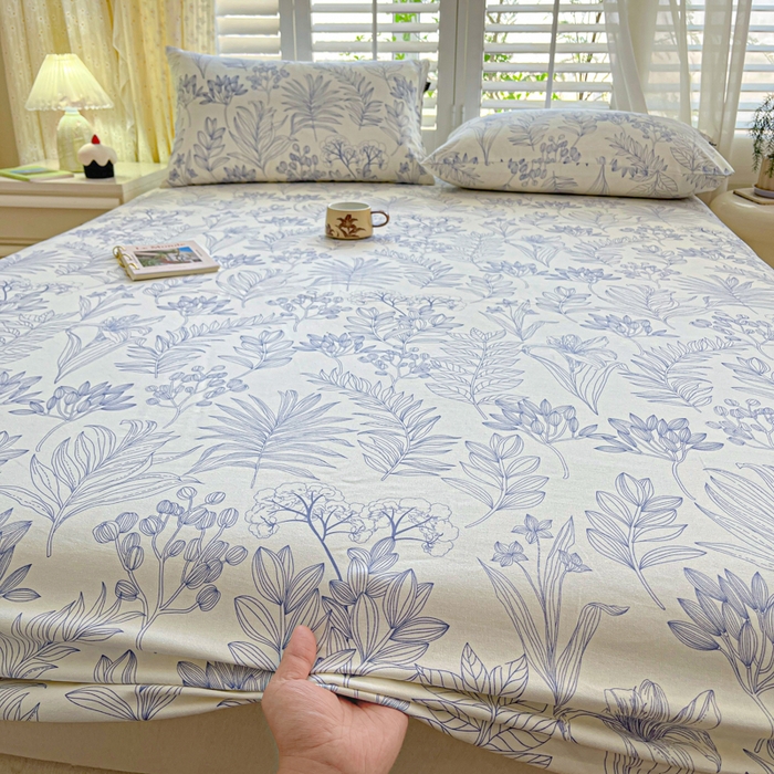 91家纺网 家纺一手货源 找家纺 鑫钰 2025新款全棉纯棉老粗布花卉系列单品床单-床笠 床笠-繁花-蓝