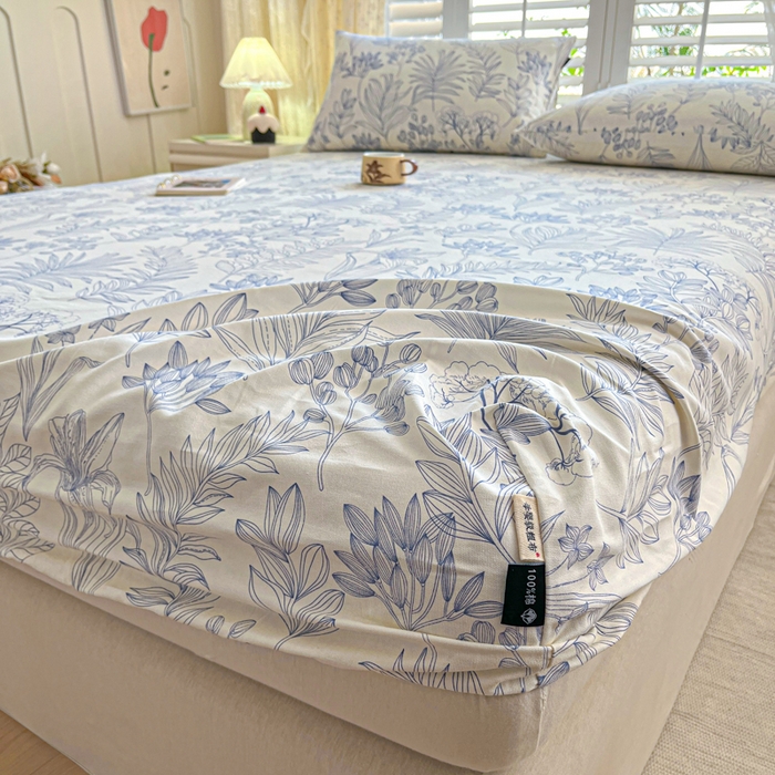 91家纺网 家纺一手货源 找家纺 鑫钰 2025新款全棉纯棉老粗布花卉系列单品床单-床笠 床笠-繁花-蓝