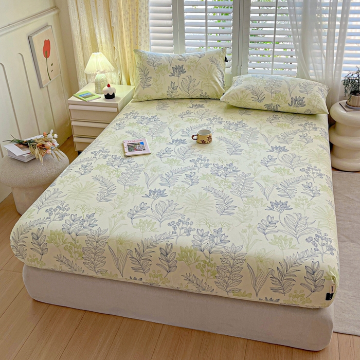 91家纺网 家纺一手货源 找家纺 鑫钰 2025新款全棉纯棉老粗布花卉系列单品床单-床笠 床笠-繁花-绿