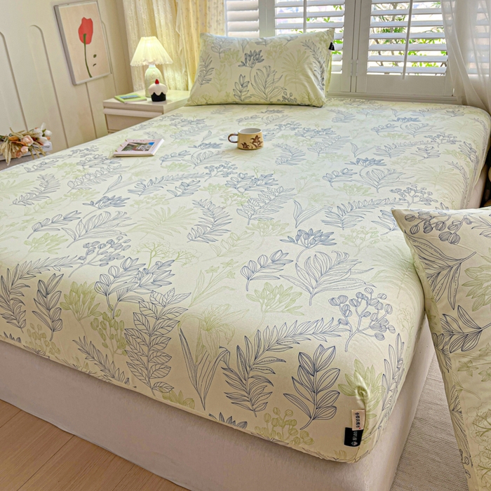 91家纺网 家纺一手货源 找家纺 鑫钰 2025新款全棉纯棉老粗布花卉系列单品床单-床笠 床笠-繁花-绿