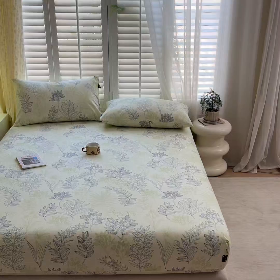 91家纺网 家纺一手货源 找家纺 鑫钰 2025新款全棉纯棉老粗布花卉系列单品床单-床笠 床笠-繁花-绿