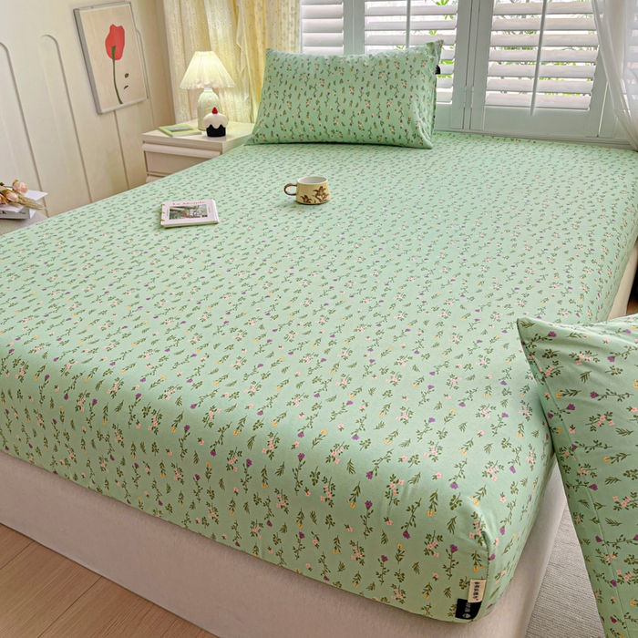 91家纺网 家纺一手货源 找家纺 鑫钰 2025新款全棉纯棉老粗布花卉系列单品床单-床笠 床笠-紫荆绿