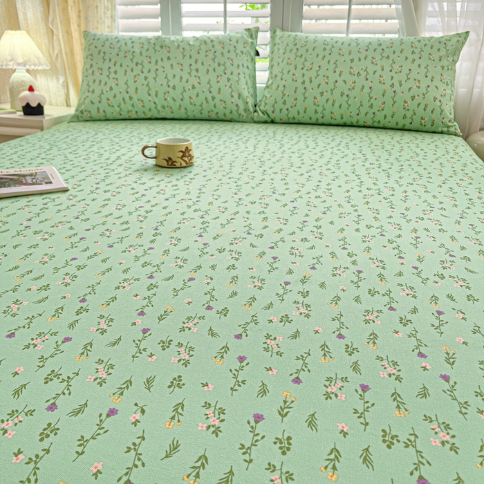 91家纺网 家纺一手货源 找家纺 鑫钰 2025新款全棉纯棉老粗布花卉系列单品床单-床笠 床笠-紫荆绿
