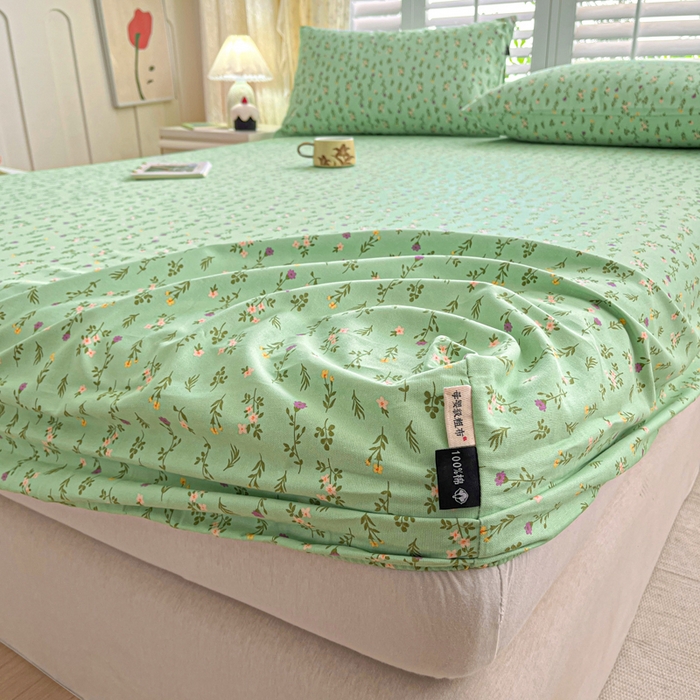 91家纺网 家纺一手货源 找家纺 鑫钰 2025新款全棉纯棉老粗布花卉系列单品床单-床笠 床笠-紫荆绿