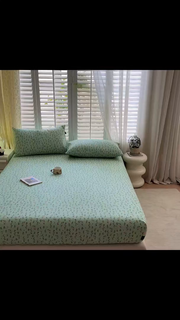 91家纺网 家纺一手货源 找家纺 鑫钰 2025新款全棉纯棉老粗布花卉系列单品床单-床笠 床笠-紫荆绿