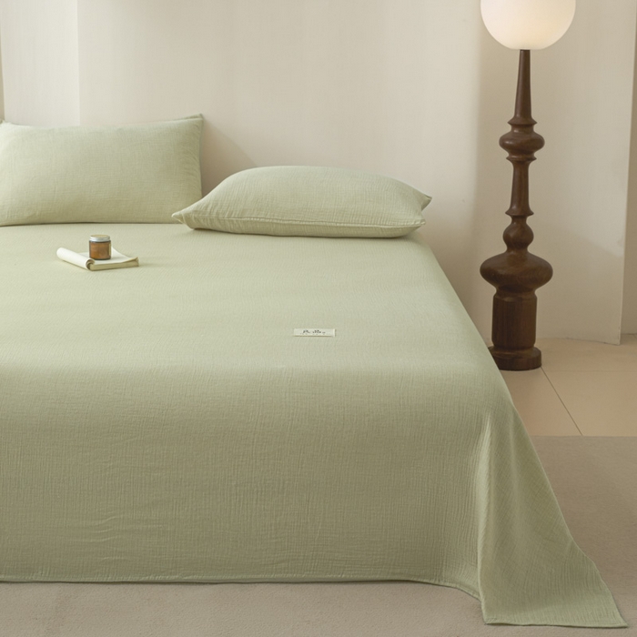 91家纺网 家纺一手货源 找家纺 鑫钰 2025新款纯色系列全棉双层皱皱纱床单-床笠 淡雅绿-床单
