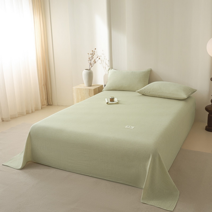 91家纺网 家纺一手货源 找家纺 鑫钰 2025新款纯色系列全棉双层皱皱纱床单-床笠 淡雅绿-床单
